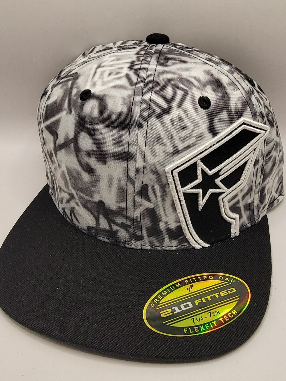 Black & Gray Famous Brand Graffiti-Print FlexfitHat